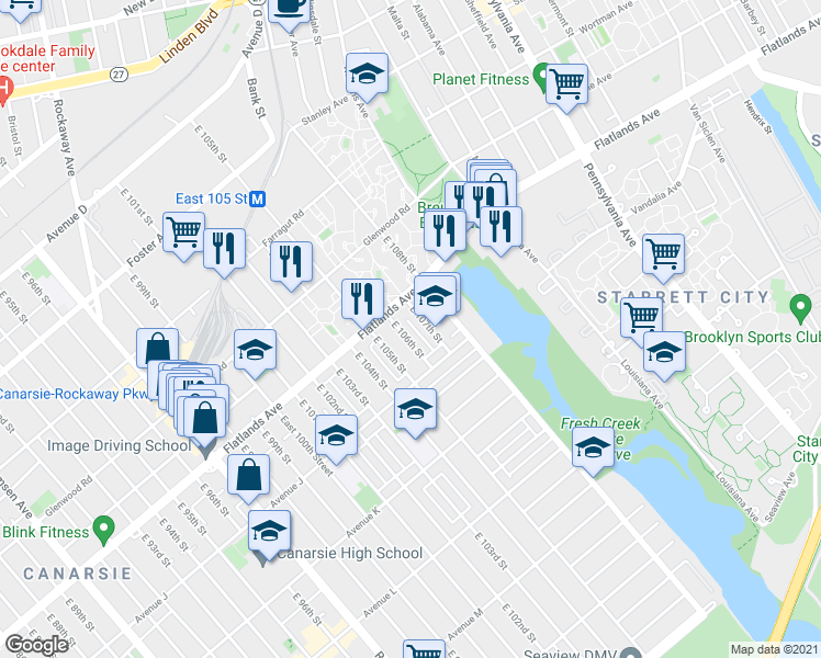 map of restaurants, bars, coffee shops, grocery stores, and more near 950 East 106th Street in Brooklyn