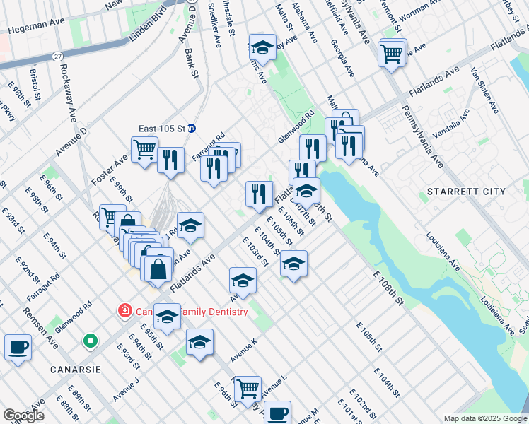 map of restaurants, bars, coffee shops, grocery stores, and more near 918 East 105th Street in Brooklyn