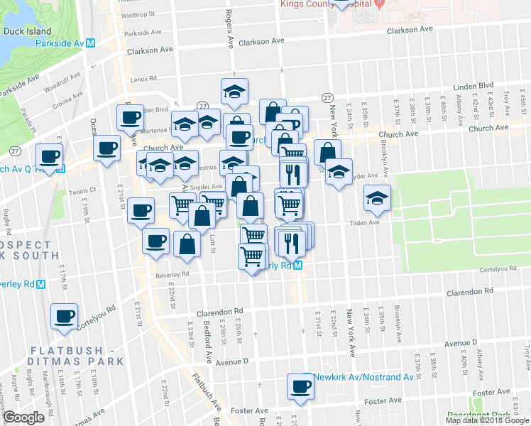 map of restaurants, bars, coffee shops, grocery stores, and more near 2715 Tilden Avenue in Brooklyn