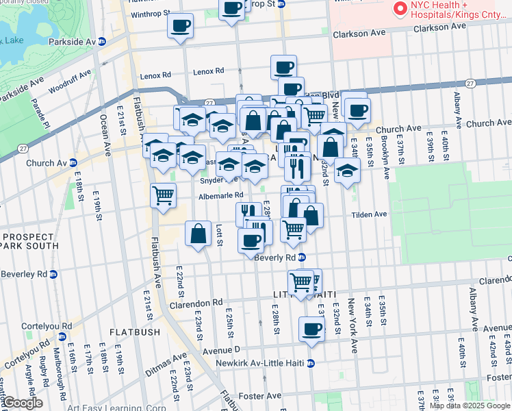 map of restaurants, bars, coffee shops, grocery stores, and more near 2715 Tilden Avenue in Brooklyn
