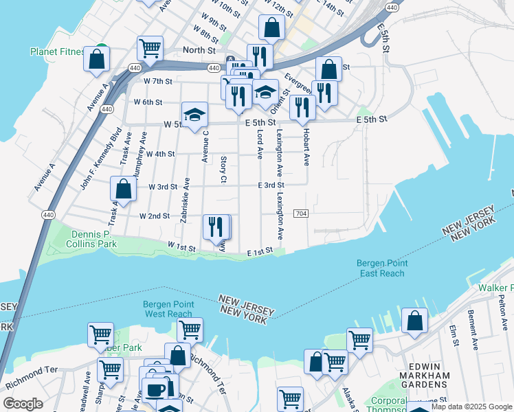 map of restaurants, bars, coffee shops, grocery stores, and more near 43 Lord Avenue in Bayonne