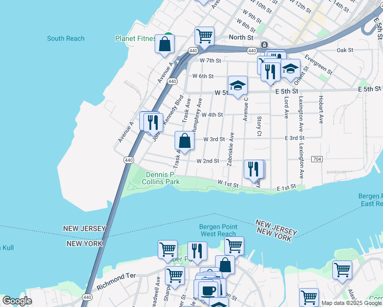 map of restaurants, bars, coffee shops, grocery stores, and more near 109 West 2nd Street in Bayonne