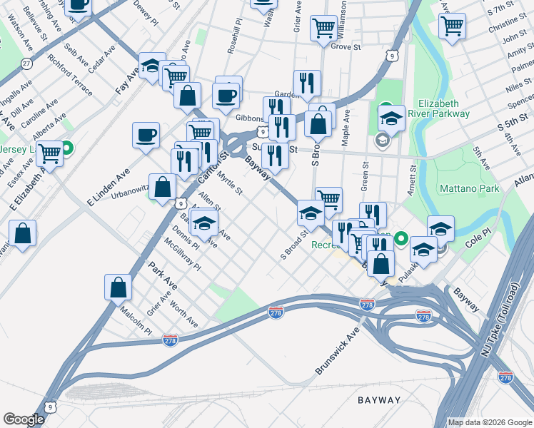 map of restaurants, bars, coffee shops, grocery stores, and more near 730 Myrtle Street in Elizabeth