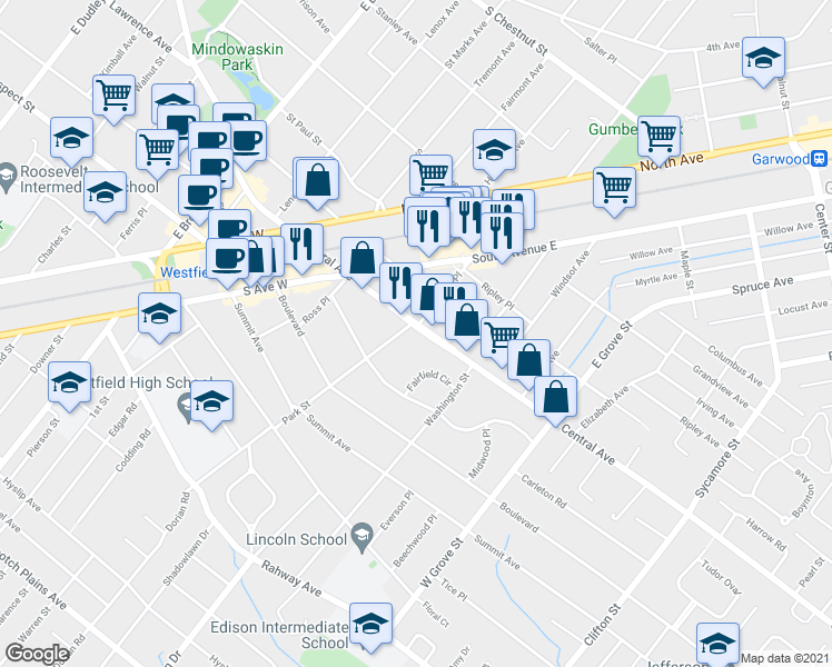 map of restaurants, bars, coffee shops, grocery stores, and more near 618 Central Avenue in Westfield