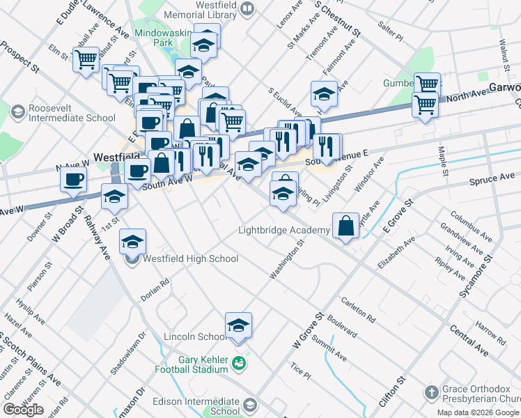 map of restaurants, bars, coffee shops, grocery stores, and more near 127 Park Street in Westfield