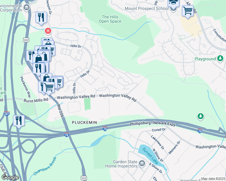 map of restaurants, bars, coffee shops, grocery stores, and more near 270 Washington Valley Road in Bedminster