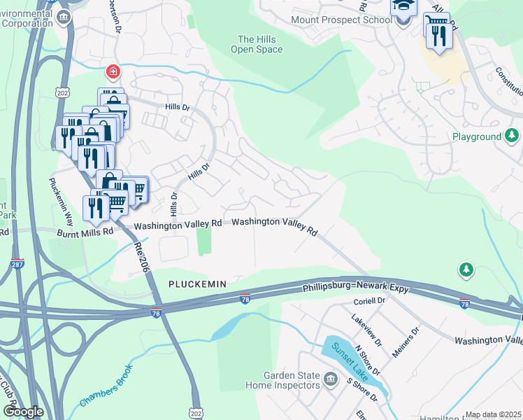 map of restaurants, bars, coffee shops, grocery stores, and more near 270 Washington Valley Road in Bedminster