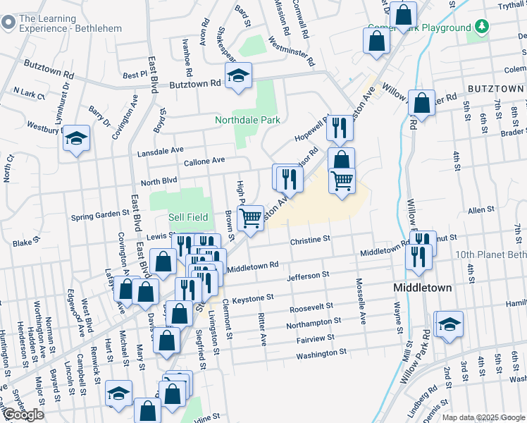 map of restaurants, bars, coffee shops, grocery stores, and more near in Middletown