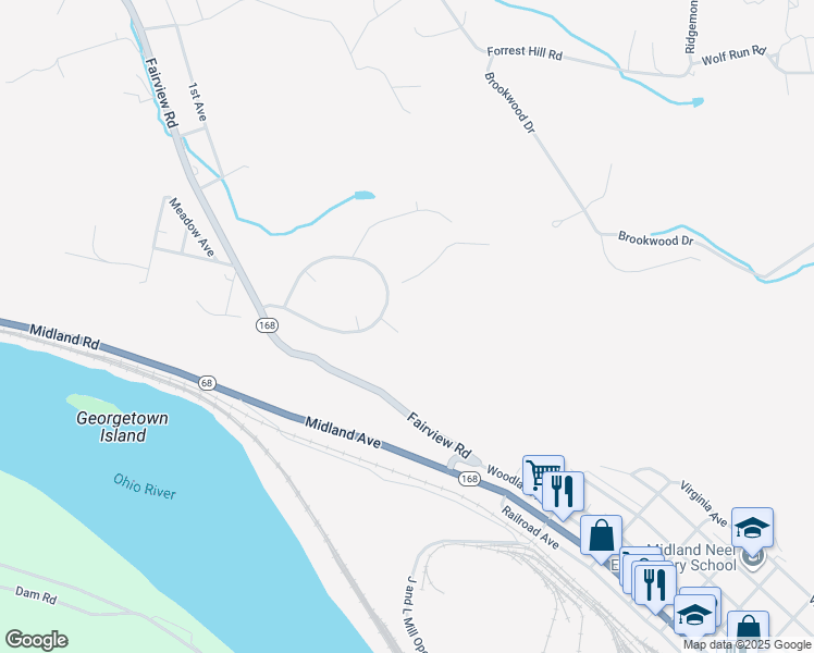 map of restaurants, bars, coffee shops, grocery stores, and more near 19 Midland Heights Circle in Midland