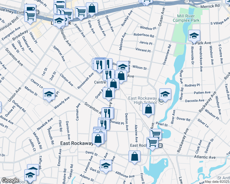 map of restaurants, bars, coffee shops, grocery stores, and more near 345 Atlantic Avenue in East Rockaway