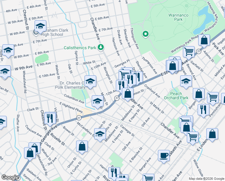 map of restaurants, bars, coffee shops, grocery stores, and more near 1211 Frank Street in Roselle