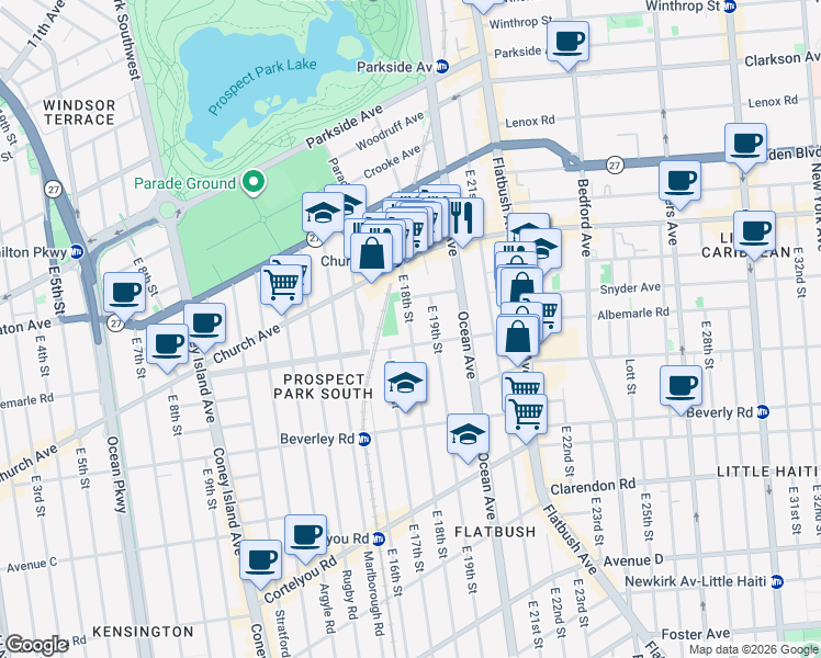 map of restaurants, bars, coffee shops, grocery stores, and more near 151 East 18th Street in Brooklyn