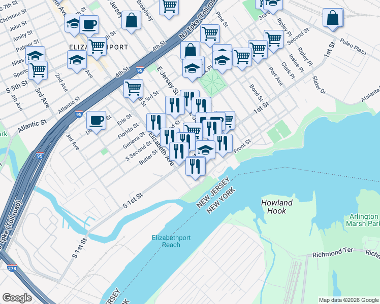 map of restaurants, bars, coffee shops, grocery stores, and more near 47 Marshall Street in Elizabeth