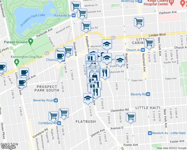 map of restaurants, bars, coffee shops, grocery stores, and more near Flatbush Avenue in Brooklyn