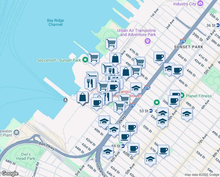 map of restaurants, bars, coffee shops, grocery stores, and more near 169 54th Street in Brooklyn