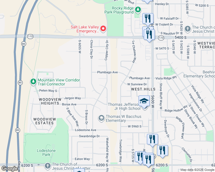 map of restaurants, bars, coffee shops, grocery stores, and more near 5699 South Copper City Drive in Kearns