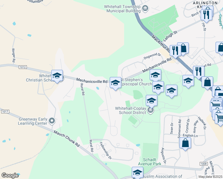 map of restaurants, bars, coffee shops, grocery stores, and more near 3900 Mechanicsville Road in Whitehall