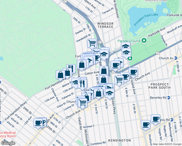 map of restaurants, bars, coffee shops, grocery stores, and more near Caton Ave & E 3rd St in Brooklyn