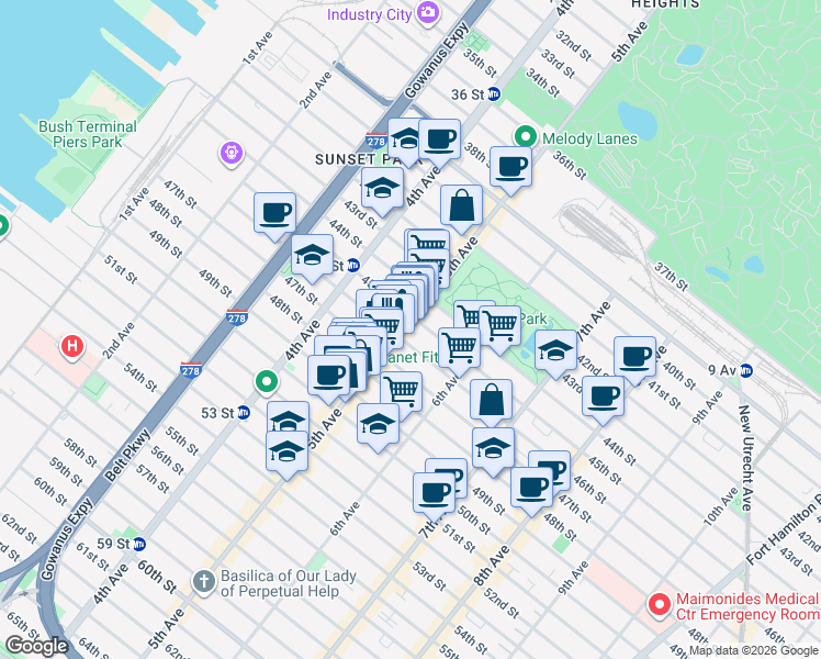 map of restaurants, bars, coffee shops, grocery stores, and more near 4509 5th Avenue in Brooklyn