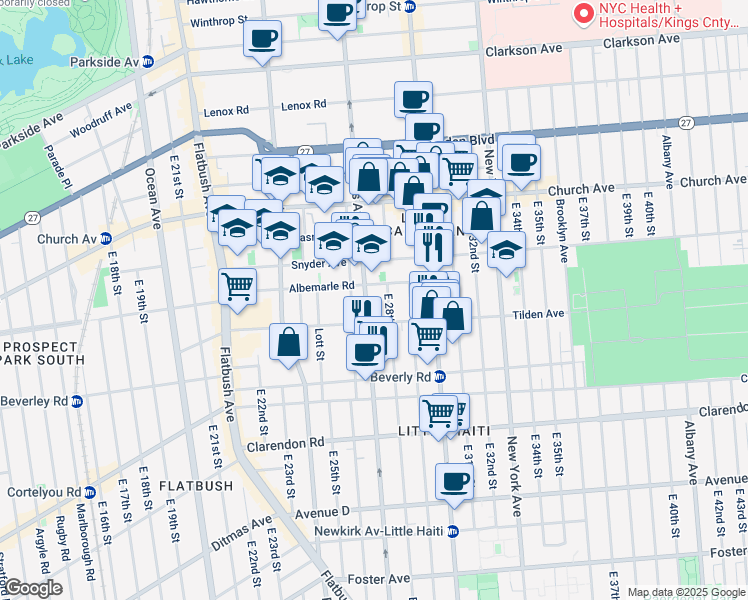 map of restaurants, bars, coffee shops, grocery stores, and more near 2715 Tilden Avenue in Brooklyn