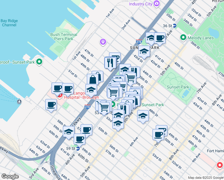 map of restaurants, bars, coffee shops, grocery stores, and more near 342 49th Street in Brooklyn