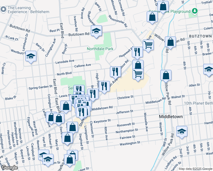 map of restaurants, bars, coffee shops, grocery stores, and more near in Middletown
