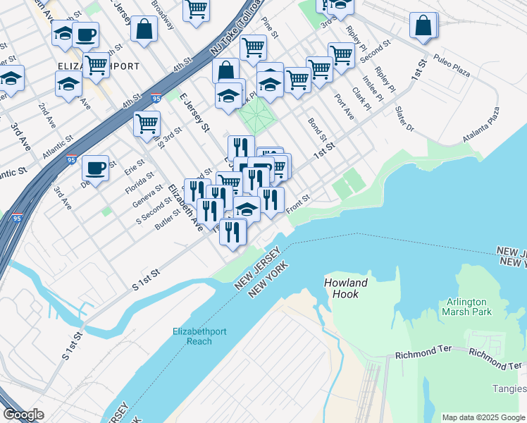 map of restaurants, bars, coffee shops, grocery stores, and more near 74 East Jersey Street in Elizabeth
