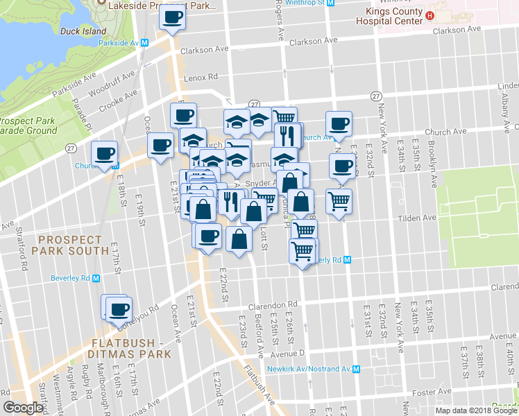 map of restaurants, bars, coffee shops, grocery stores, and more near 82 Lott Street in Brooklyn