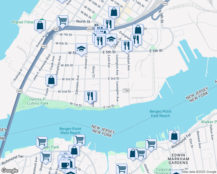 map of restaurants, bars, coffee shops, grocery stores, and more near 43 Lord Avenue in Bayonne