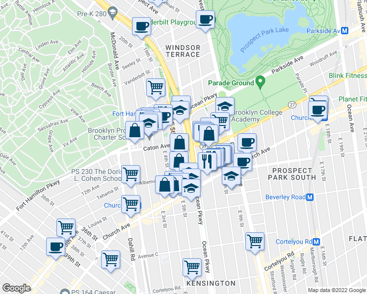 map of restaurants, bars, coffee shops, grocery stores, and more near 132 Ocean Parkway in Brooklyn