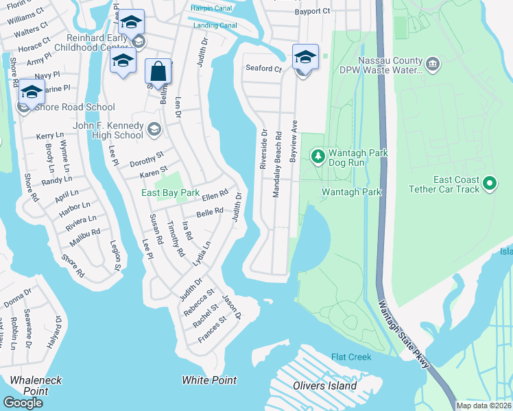 map of restaurants, bars, coffee shops, grocery stores, and more near 2922 Riverside Drive in Wantagh