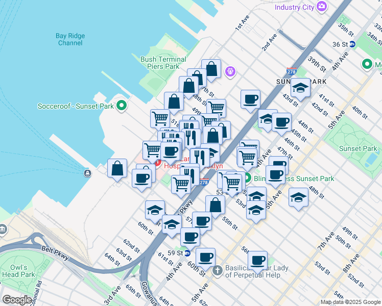 map of restaurants, bars, coffee shops, grocery stores, and more near 237 53rd Street in Brooklyn