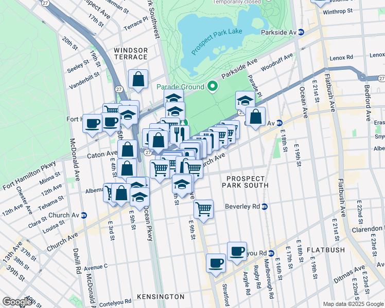 map of restaurants, bars, coffee shops, grocery stores, and more near 445 Coney Island Avenue in Brooklyn