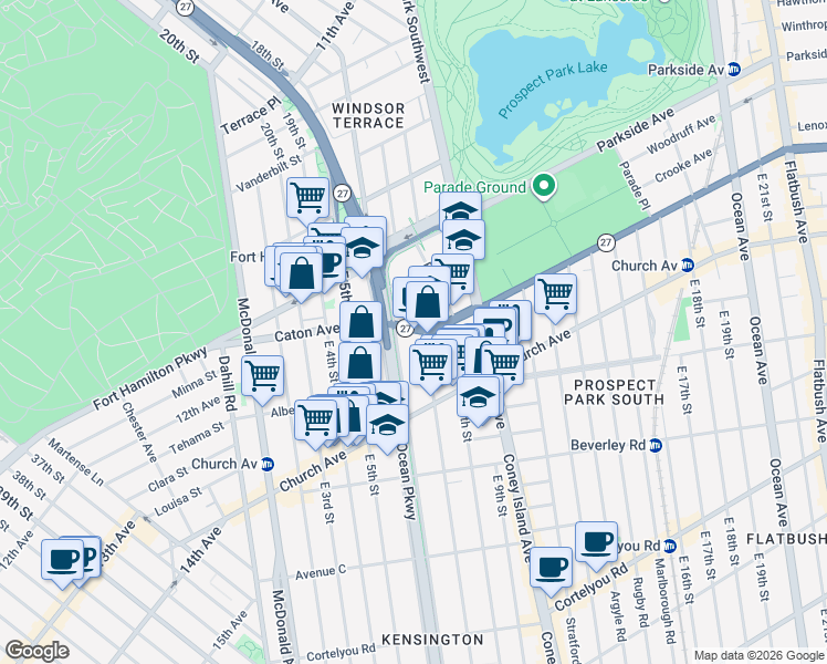 map of restaurants, bars, coffee shops, grocery stores, and more near 135 Prospect Expressway in Brooklyn
