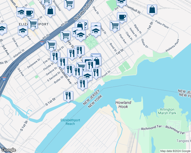 map of restaurants, bars, coffee shops, grocery stores, and more near 71 East Jersey Street in Elizabeth