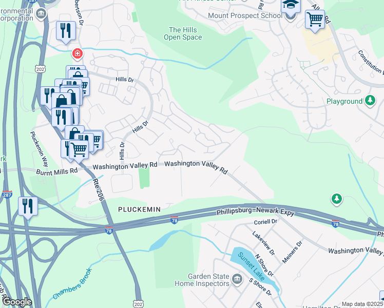 map of restaurants, bars, coffee shops, grocery stores, and more near 270 Washington Valley Road in Bedminster