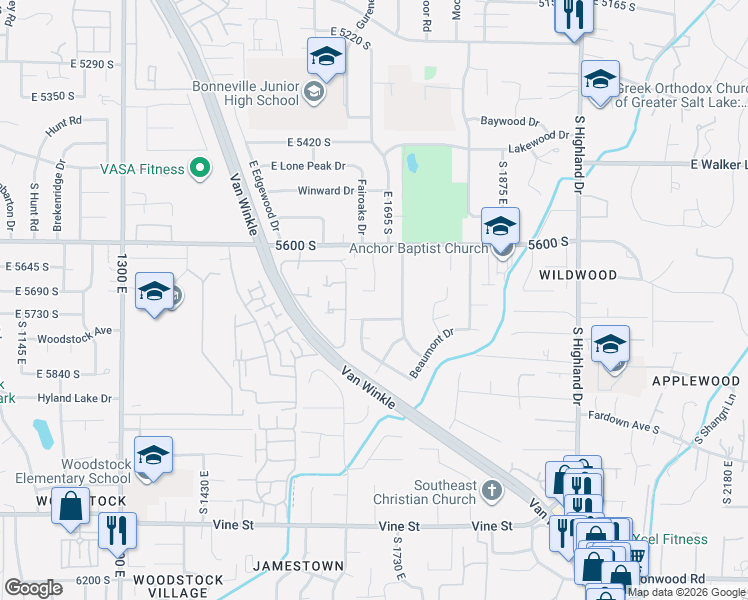 map of restaurants, bars, coffee shops, grocery stores, and more near 1700 East 5685 South in Holladay