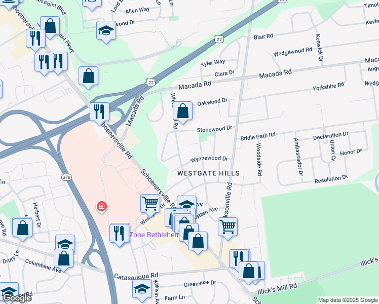 map of restaurants, bars, coffee shops, grocery stores, and more near 1423 Winston Circle in Bethlehem