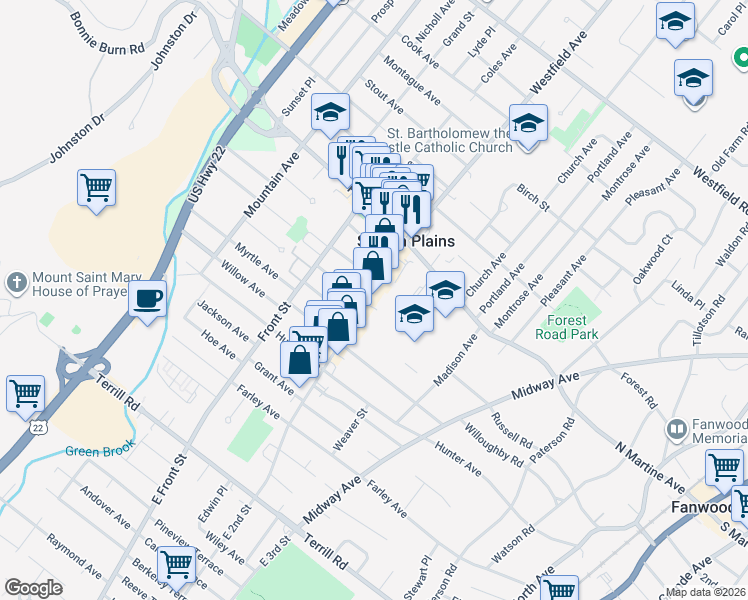 map of restaurants, bars, coffee shops, grocery stores, and more near 1754 East 2nd Street in Scotch Plains