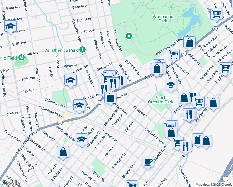 map of restaurants, bars, coffee shops, grocery stores, and more near 1220 Union Street in Linden