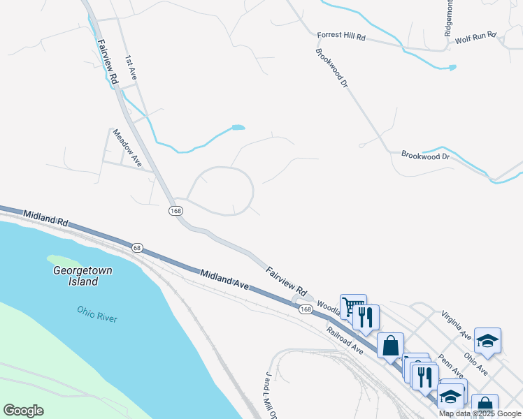 map of restaurants, bars, coffee shops, grocery stores, and more near 19 Midland Heights Circle in Midland
