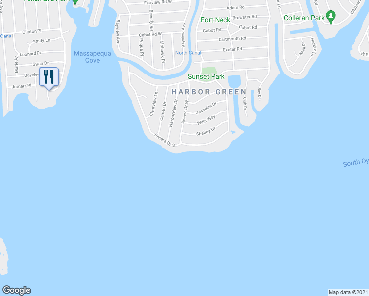 map of restaurants, bars, coffee shops, grocery stores, and more near 90 Riviera Drive South in Massapequa