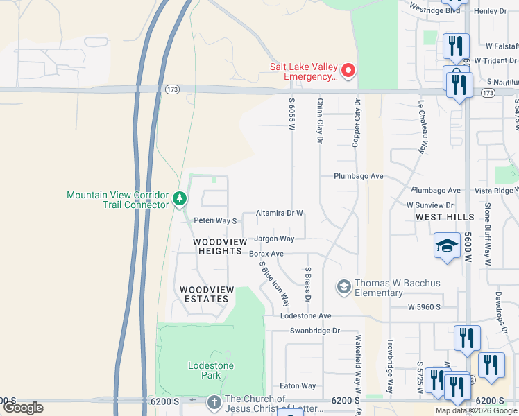 map of restaurants, bars, coffee shops, grocery stores, and more near 5734 Izapa Cove in West Valley City