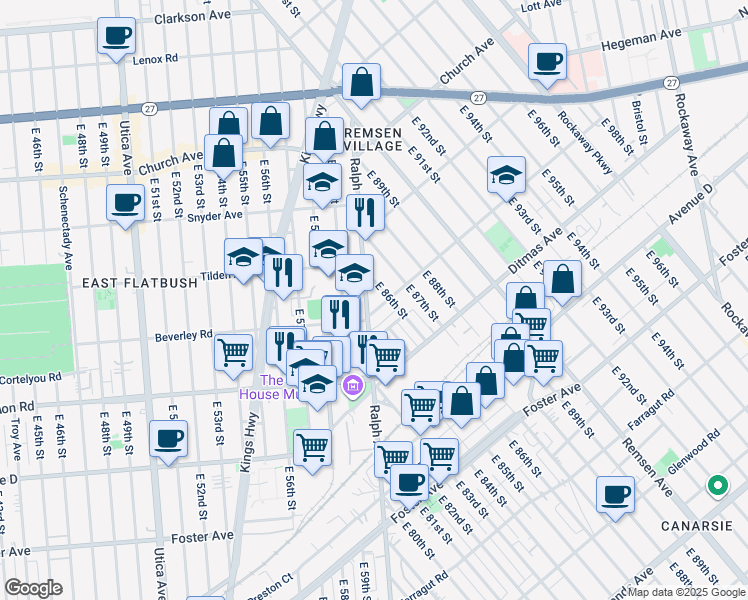 map of restaurants, bars, coffee shops, grocery stores, and more near 1193 Ralph Avenue in Brooklyn