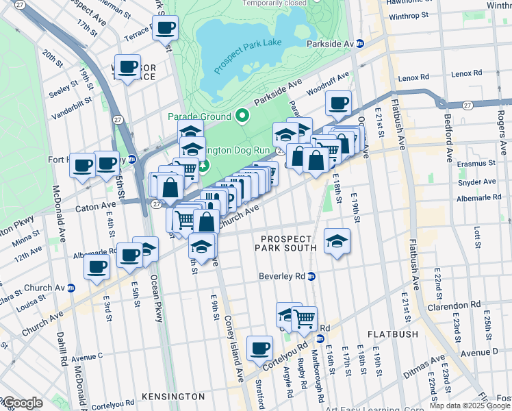 map of restaurants, bars, coffee shops, grocery stores, and more near 85 Westminster Road in Brooklyn