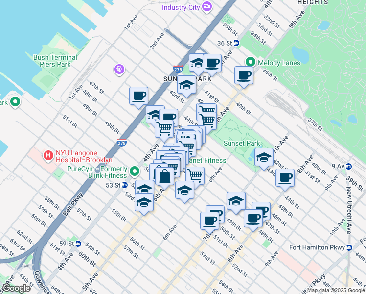 map of restaurants, bars, coffee shops, grocery stores, and more near 4621 5th Avenue in Brooklyn