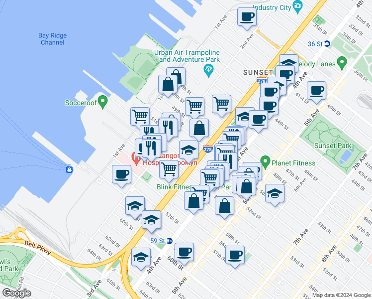map of restaurants, bars, coffee shops, grocery stores, and more near 5114 3rd Avenue in Brooklyn