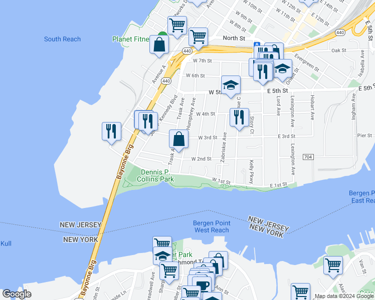 map of restaurants, bars, coffee shops, grocery stores, and more near 109 West 2nd Street in Bayonne