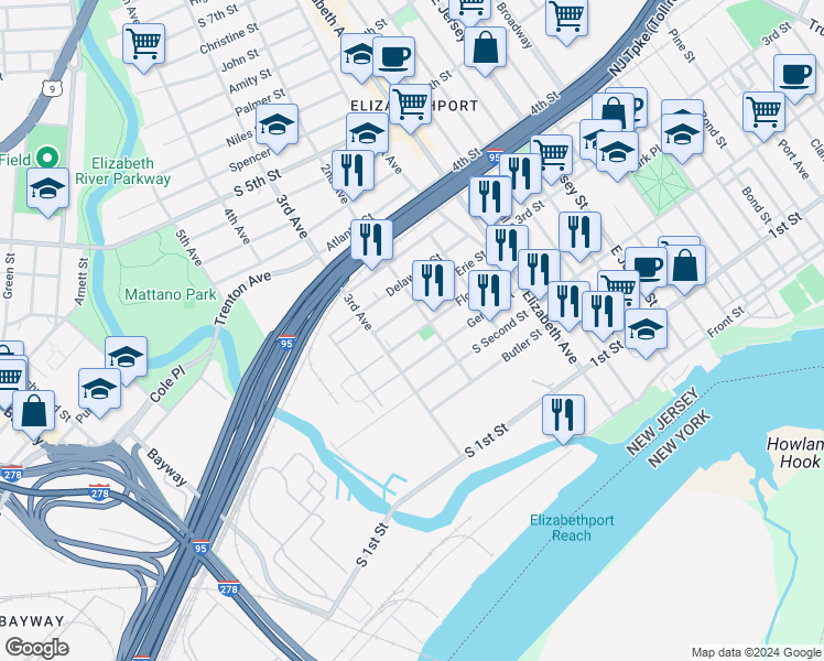map of restaurants, bars, coffee shops, grocery stores, and more near 224 Florida Street in Elizabeth