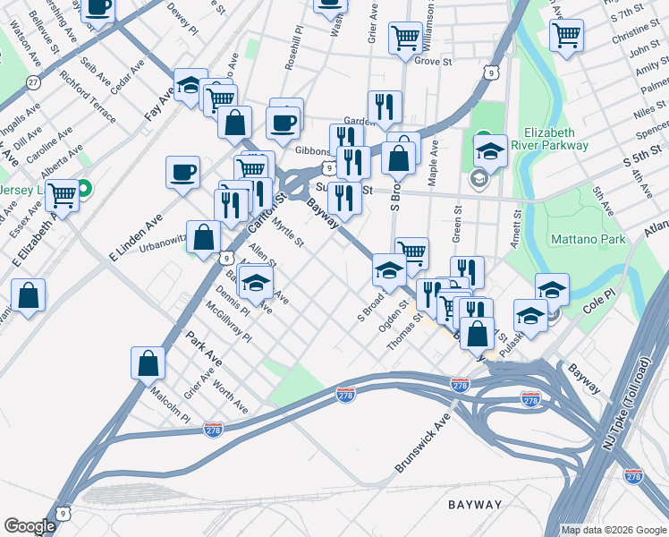 map of restaurants, bars, coffee shops, grocery stores, and more near 730 Myrtle Street in Elizabeth